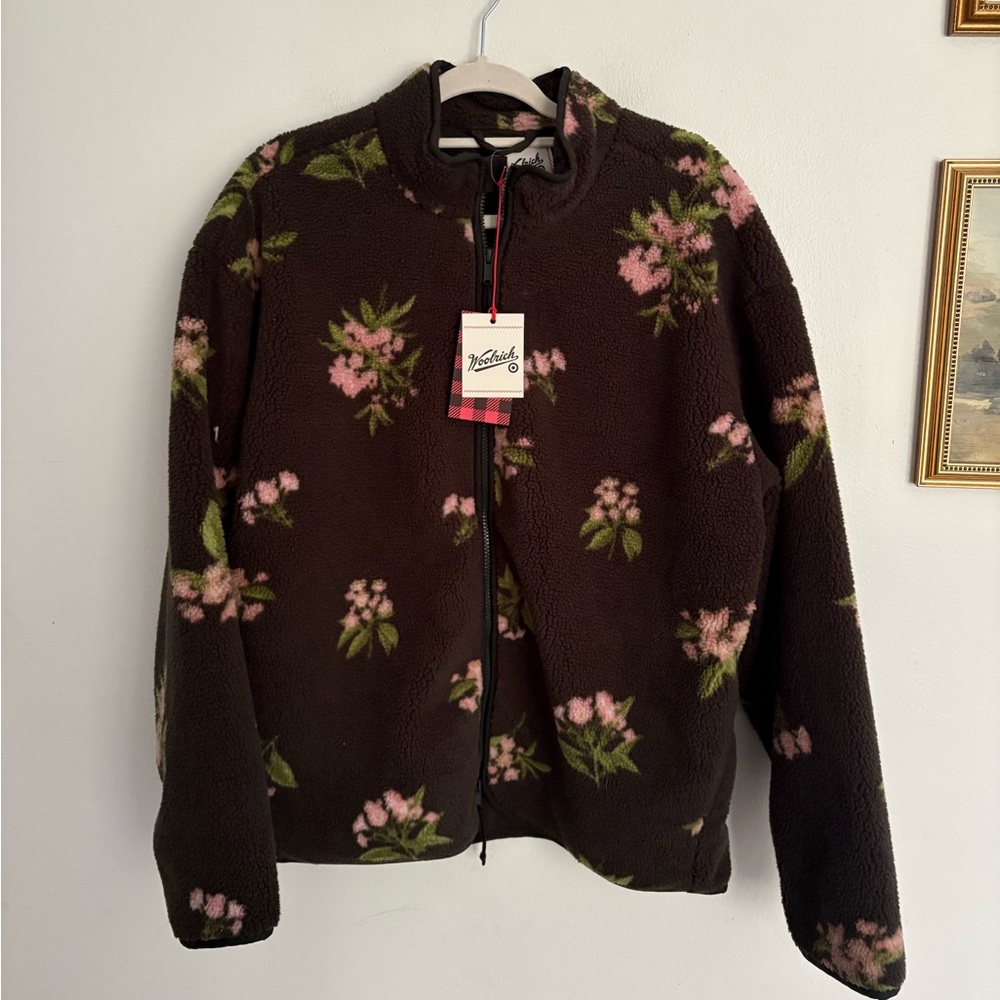 Woolrich Target Brown Fleece Sherpa Boho Chic Jacket Pink Floral Size Medium NWT
